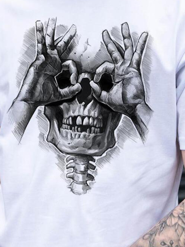 Totenkopf mit OK-Muster, lässiges T-Shirt mit schwarzem Aufdruck-2