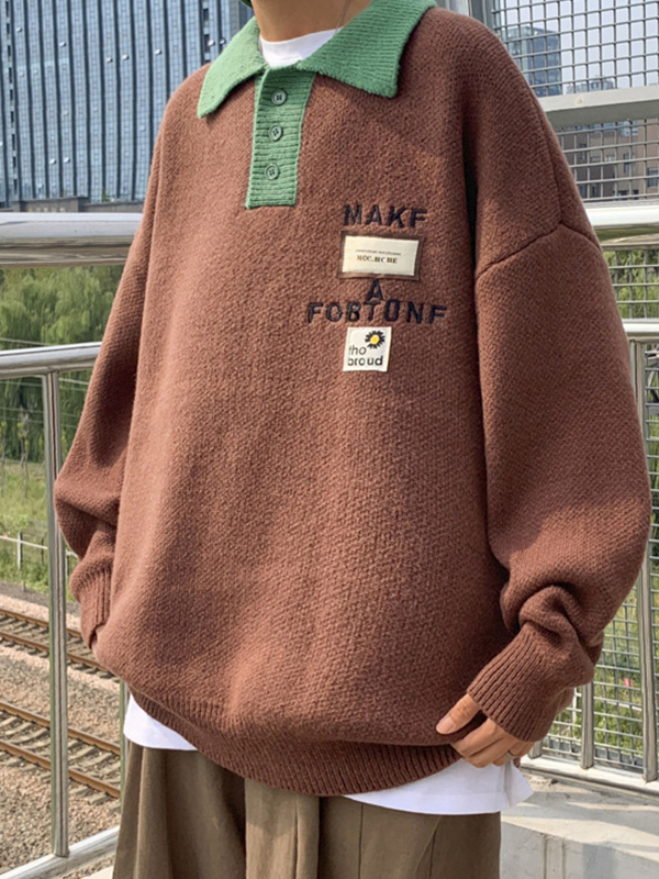 Herren-Strickpullover mit Buchstaben-Stickerei und Beschriftung in Kontrastfarbe-2