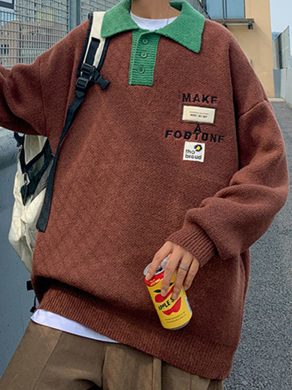 Herren-Strickpullover mit Buchstaben-Stickerei und Beschriftung in Kontrastfarbe-1